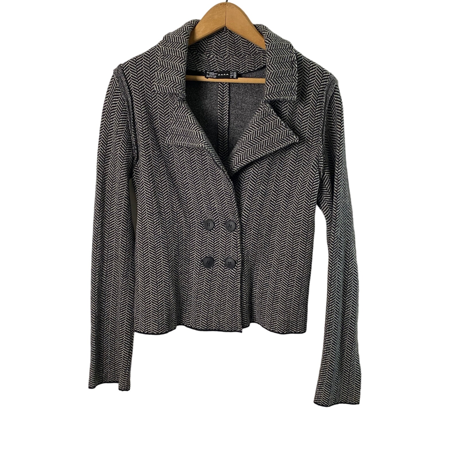 Zara Women's Black/White Herringbone Wool Blend Cropped Jacket Size Medium